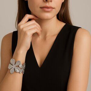 Floral Cuff Open Bangle Bracelet Silver Tone Stainless Steel One Size